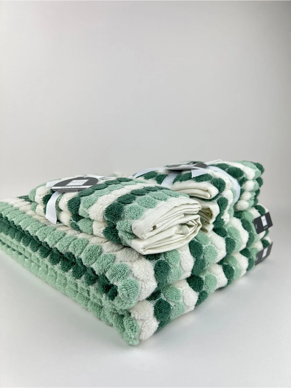SOHO Living Bath Towel Set Green White Polka Dot & Stripe  Soft Cotton 8 Pc NEW